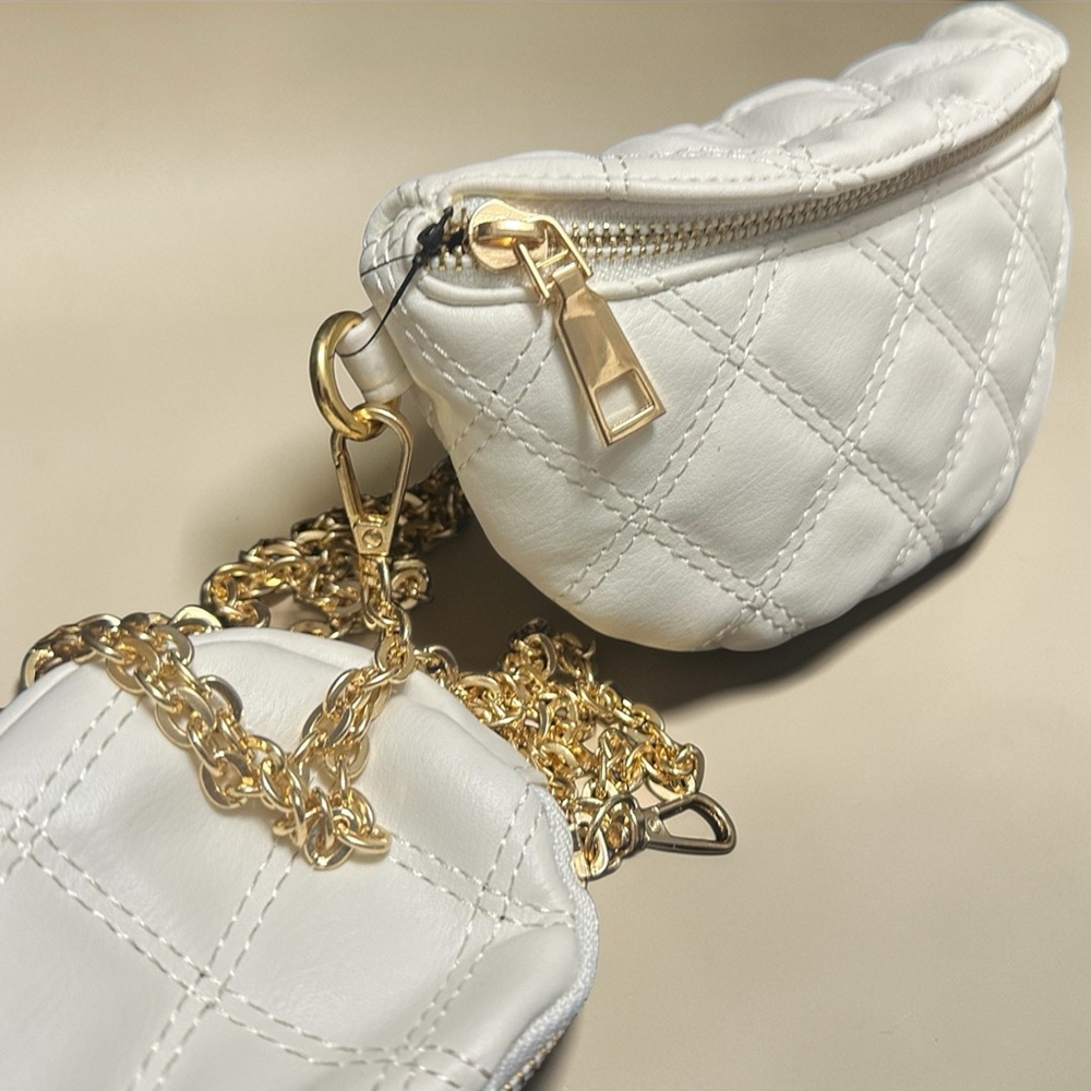 White Quilted Half Moon Crossbody Bag Gold Chain Mini Pouch